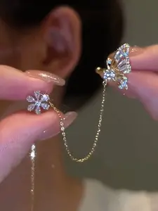 Fashionable Rhinestone Butterfly Flower Earrings, Elegant One-Piece Design, Perfect for Daily Wear & Special Occasions, Non Piercing Earrings