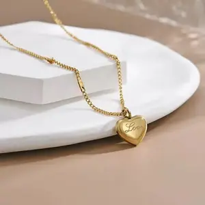 Say It With "Love" | Dainty Gold Heart Necklace, Engraved Heart-Shaped, Gold Details, Shiny Sparkling Love-Themed Gift Necklace, Engraved Heart-Shaped Necklaces, Gold Details Necklacesmothers gift