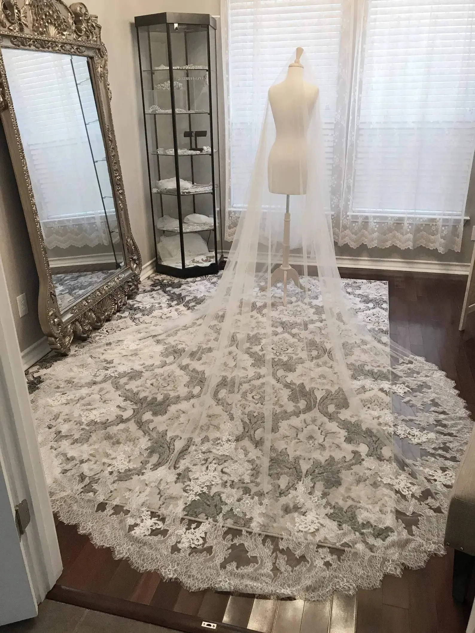 Royal Length Wedding Veil with Wide Chantilly Lace Edge, 162" Tulle Drop Veil for Brides in Light Ivory, Lace Drop Veil