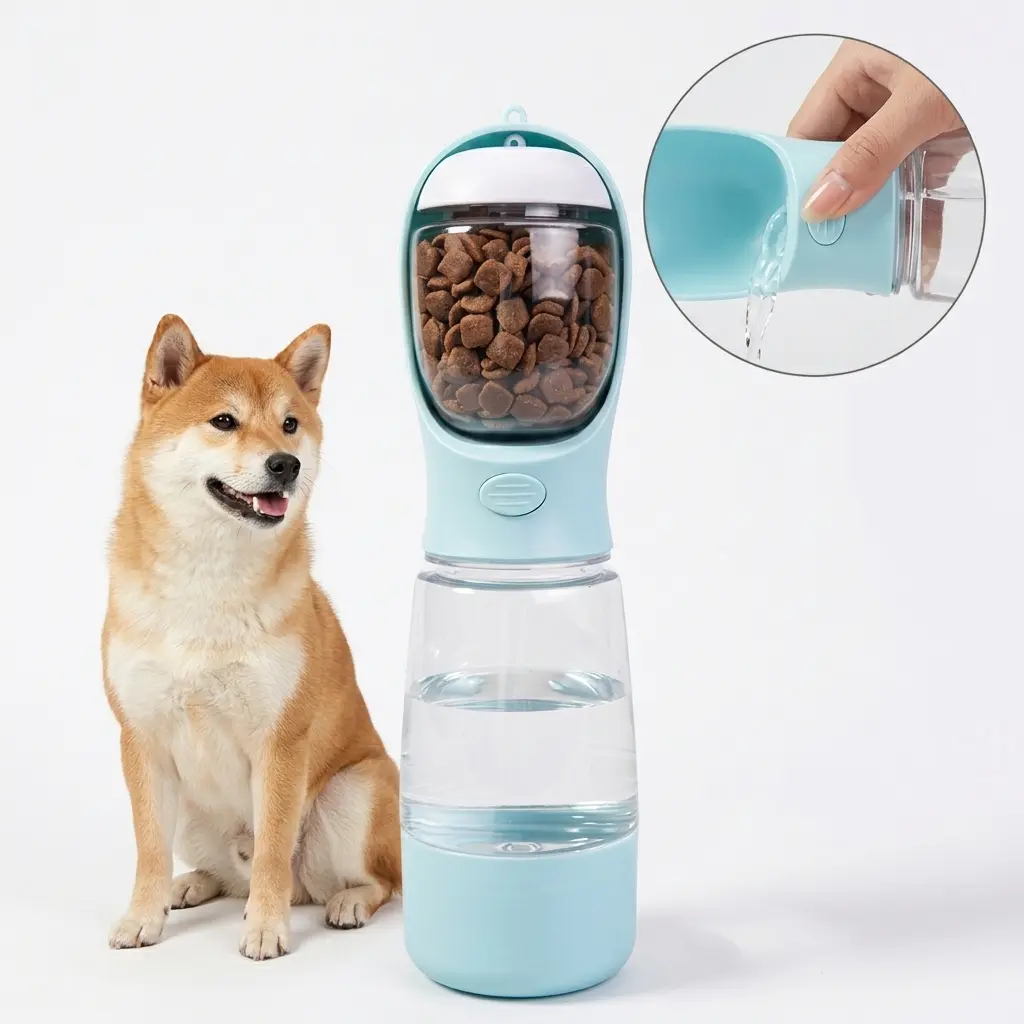 3-in-1 Portable Dog Water Bottle - Leakproof, BPA-Free Outdoor Pet Feeder with Food Container, Poop Bag Dispenser & Lanyard (13.5 oz Water, 5 oz Food) for Dogs