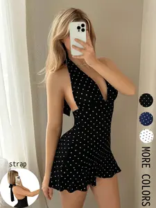 Women's Sweetina Deep V-Neck & Polka Dot Casual Retro Mini Dress, Perfect for Vacations and Daily Wear Womenswear