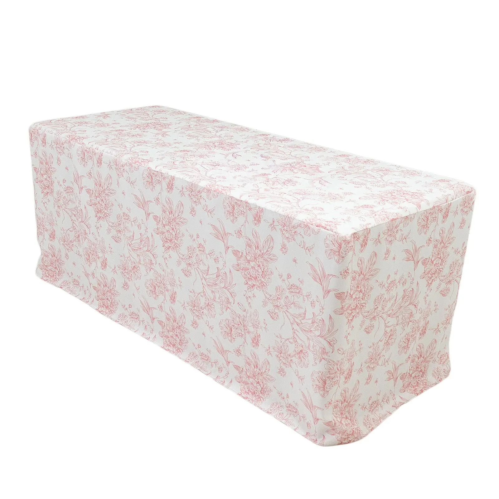 French Toile Fitted Tablecloth 6ft – Pink & White Rectangular Polyester Wrinkle-Resistant Table Cover