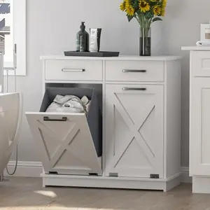White Double Tilt Out Laundry Hamper Cabinet Laundry Basket Cabinet Hidden Laundry Cabinet with 2 Drawers & 2 Baskets for Bathroom Living Room