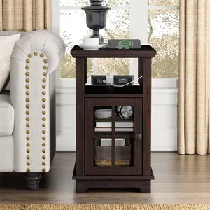 End Table with Hidden Charging Station, Narrow Side Table with Storage, Nightstand for Small Spaces with USB Ports & Power Outlets Bedside Table