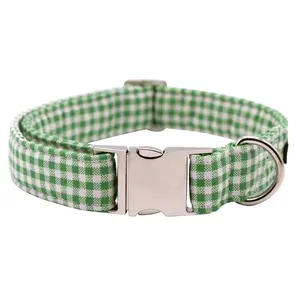 Lionet Paws Adjustable Dog Collar – Green & White Plaid with Metal Buckle for All Dogs