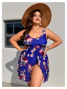 Plus Size Swimwear Women U Neck Printed Tummy Control Swim Dress 2025 Summer Tankini One Piece Swimsuit Side Split Beach Bathing Suit