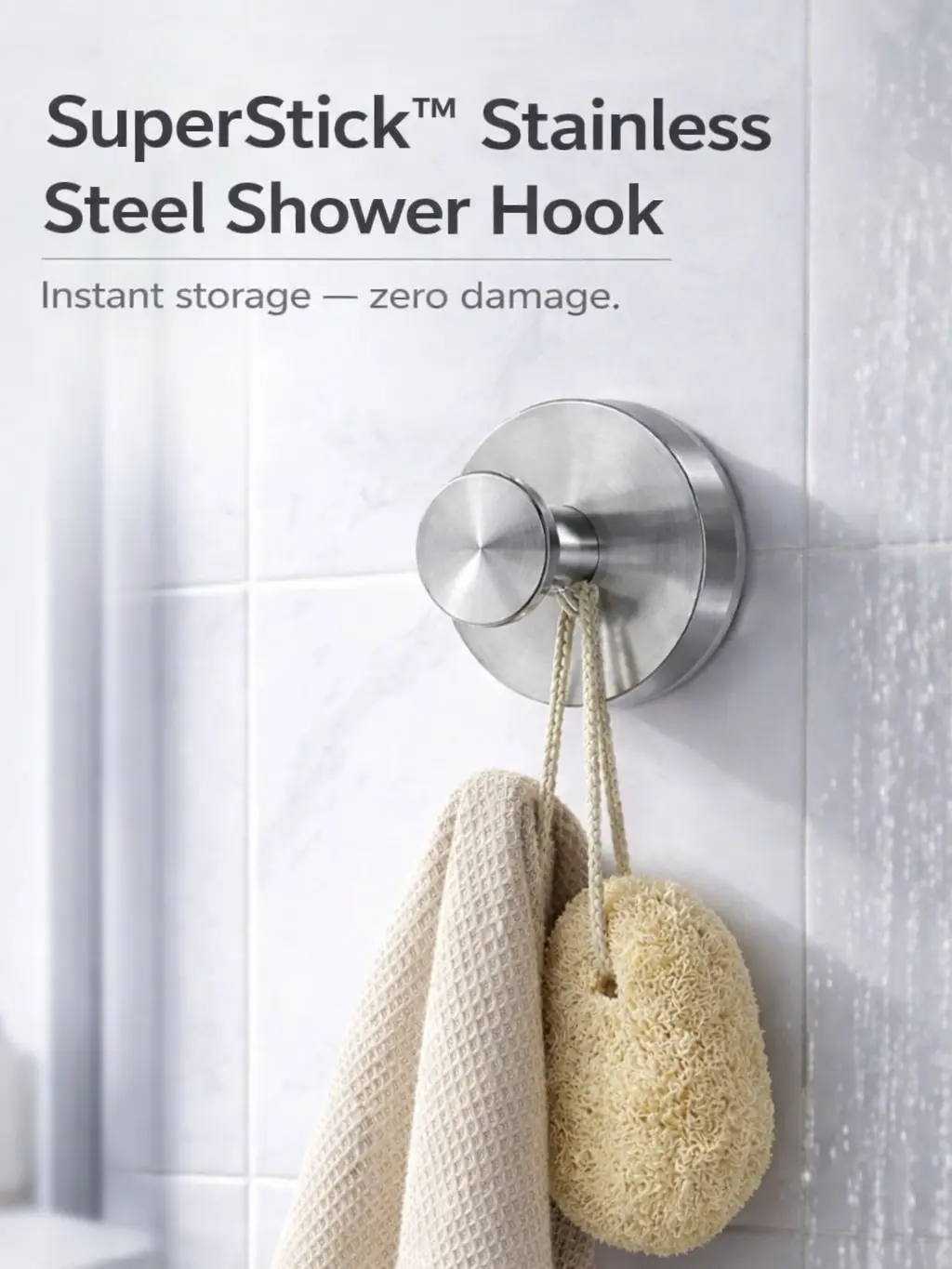 SuperStick Stainless Steel Shower Hook No-Drill Suction Cup Hooks 2-Pack for Bathrooms Showers Kitchens & Dorms Waterproof Rust-Resistant Renter-Friendly