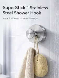 SuperStick Stainless Steel Shower Hook No-Drill Suction Cup Hooks 2-Pack for Bathrooms Showers Kitchens & Dorms Waterproof Rust-Resistant Renter-Friendly