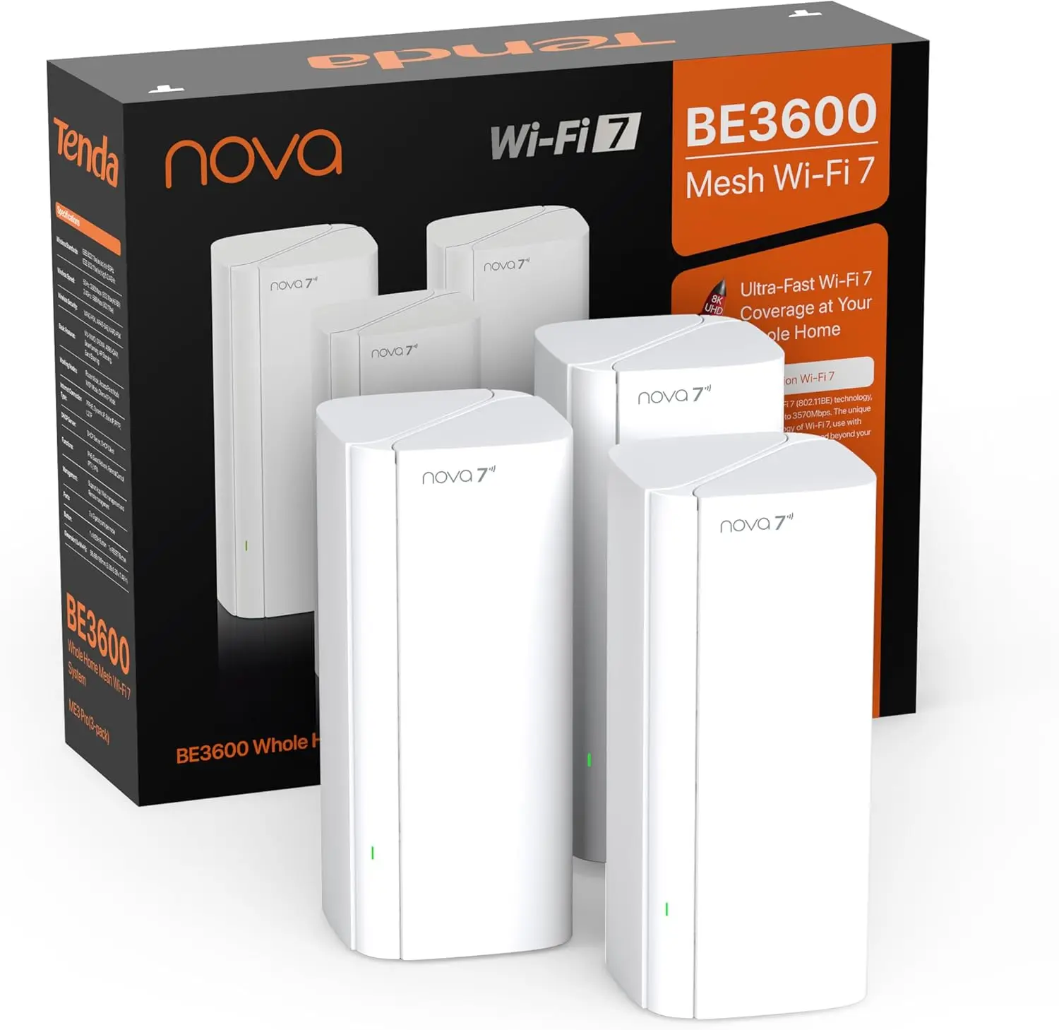 Tenda WiFi 7 Mesh System BE3600 (3 Pack) – Dual Band Mesh WiFi System for Home, Covers Up to 6,600 Sq. Ft., Mesh Network with 1×2.5G, 2×1G Ports, Supports 160+ Devices, MLO, VPN, 4K QAM, ME3 Pro parental control