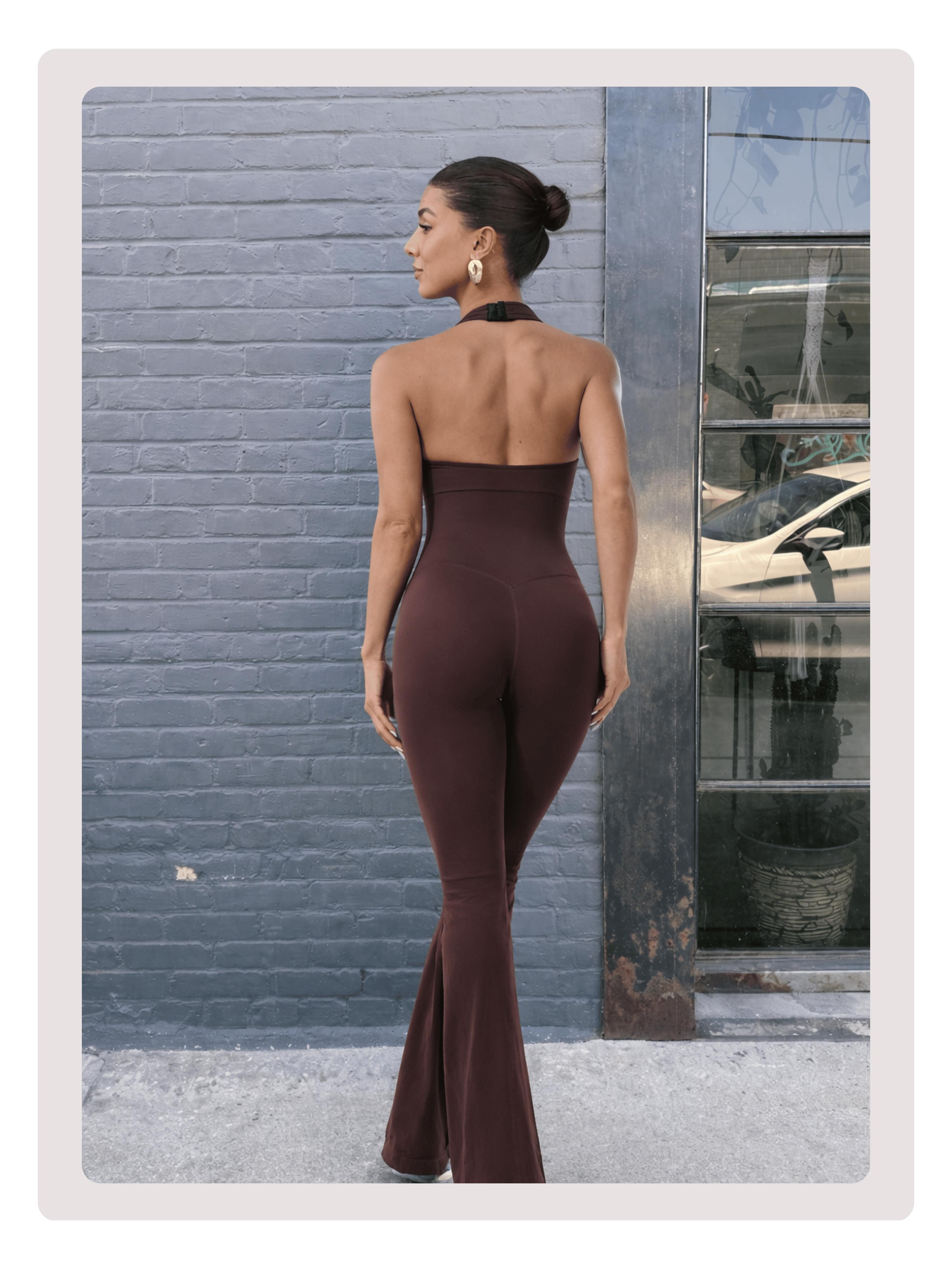 Coral Canton Backless Halter Top Sport Jumpsuit Bodycon Flared Legs