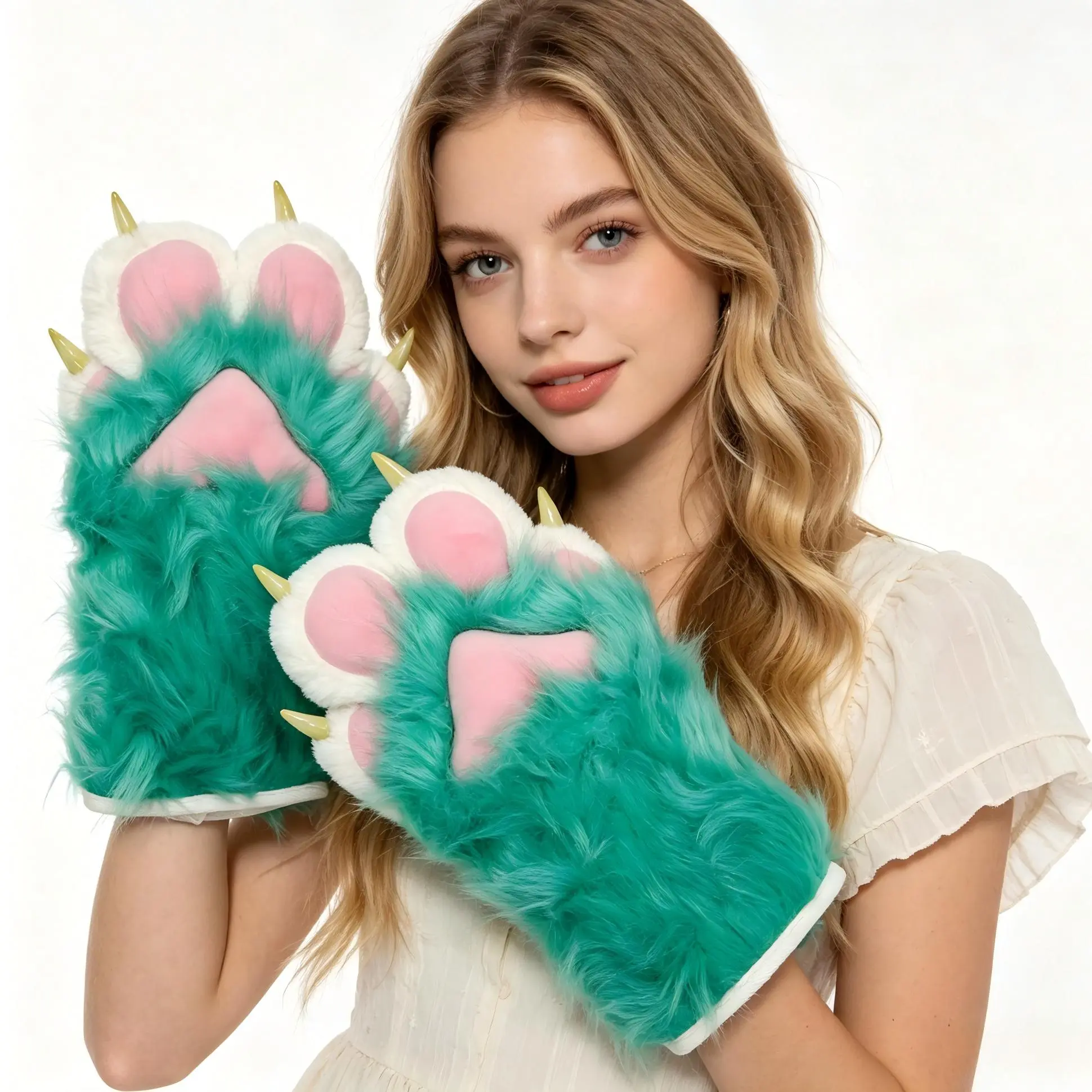 Cute plush animal claw gloves for women, pink palm pads and realistic sharp claws design, Y2K gothic fashion accessories, suitable for cosplay, Halloween, Christmas parties, stage performances, costume balls, birthday gift dress-up gloves