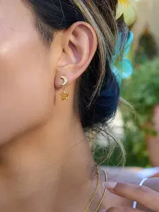 Ladies Earrings Hammer Patterned Moon And Star Pendants Asymmetrical Earrings Stainless Steel 18k Gold Plated Waterproof Anti Allergy Energetic Fun Creative Sweet And Cool Jewelry