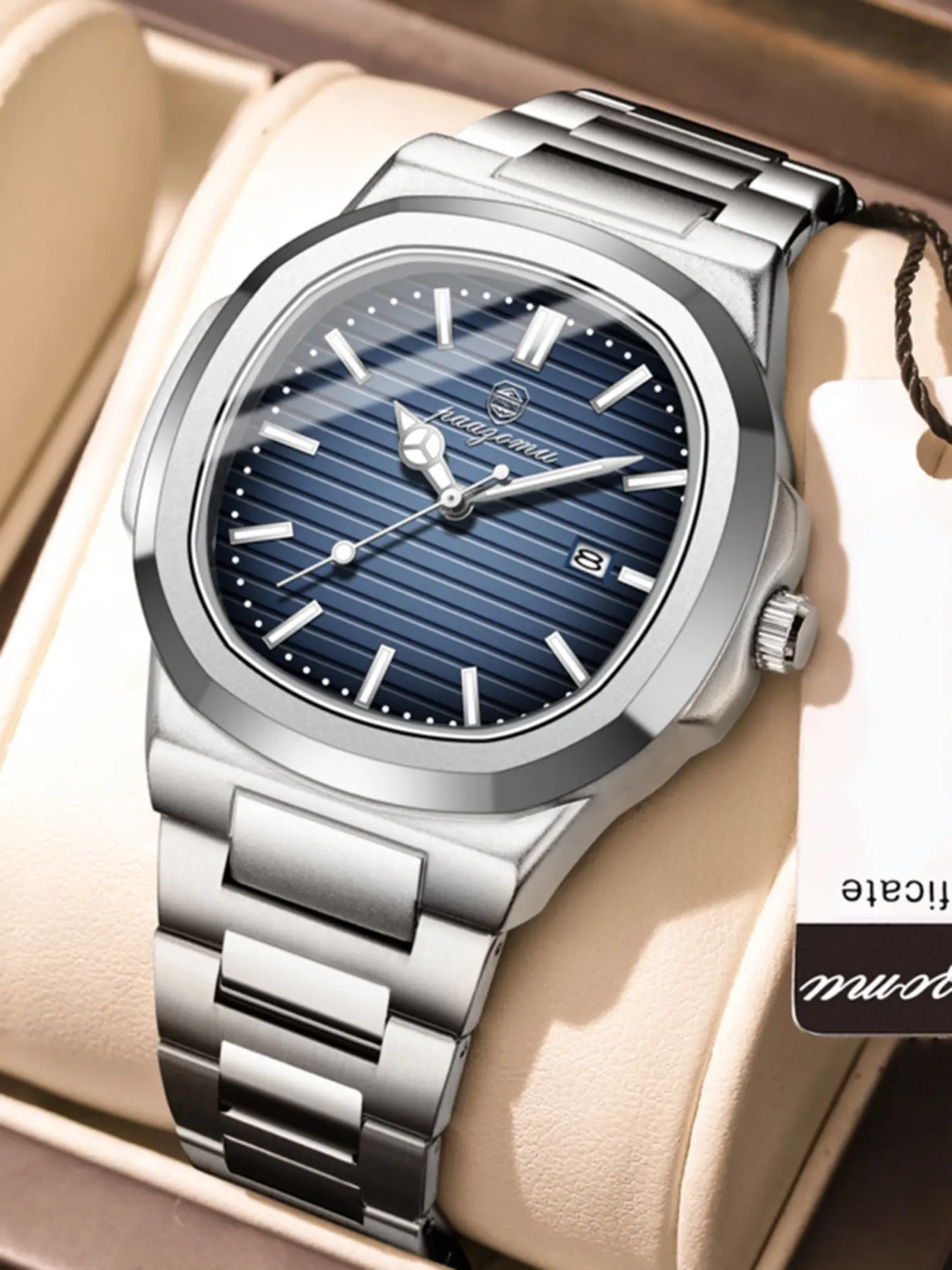 Paazomu Men's Square Business Waterproof Watch, Model 614, Latest Night Light Design, Steel Band with Calendar Feature, Business Quartz Watches, Waterproof Analog Watch