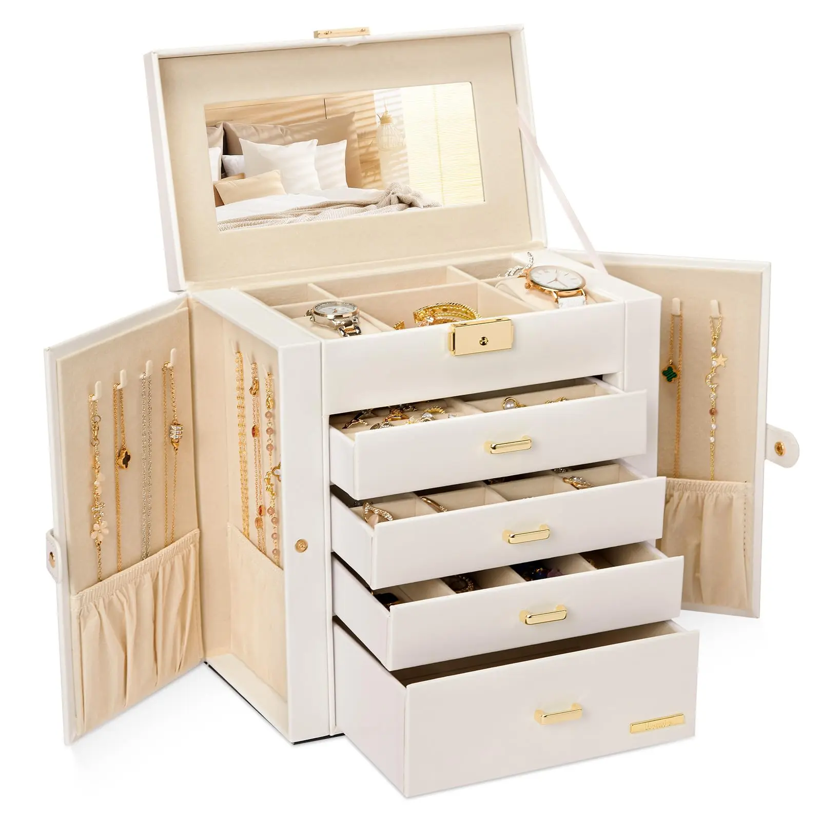 Synthetic Leather Huge Jewelry Organizer - Lockable Gift Case with 4 Removable Pillows, 10.43" x 6.10" x 11.14" Dimensions, Elegant Design