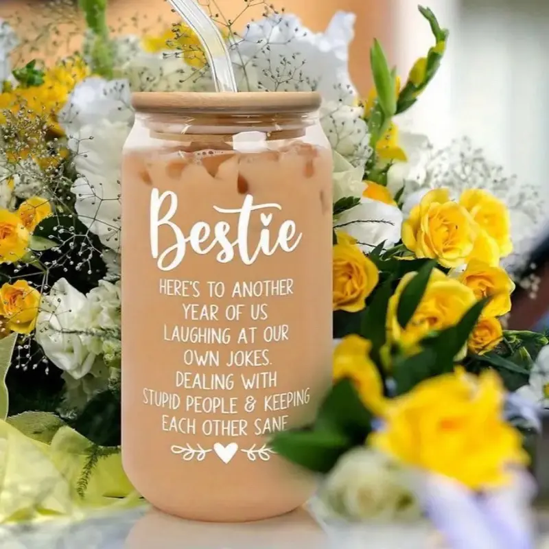 Bestie Iced Coffee Glass – 16oz Can with Bamboo Lid & Glass Straw