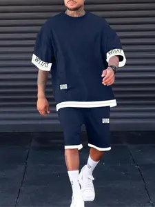 Plus Size Men's Letter Print Tee & Shorts Set, Crew Neck Short Sleeve T-Shirt & Shorts PJ Set, Casual Comfy Men's Sleepwear & Relaxed Fit Loungewear Set for Summer, Menswear