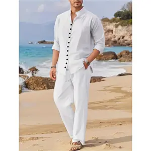 Men's Pure White Chinese Suit - Elegant Long Shirt & Pants Set  Menswear