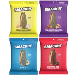SMACKIN' Jumbo Roasted Sunflower Seeds 4 Pack - Garlic Parmesan, Ranch, BBQ & Cinnamon Churro Flavors - 1lb Box of Low Sodium Handcrafted American Made Seeds