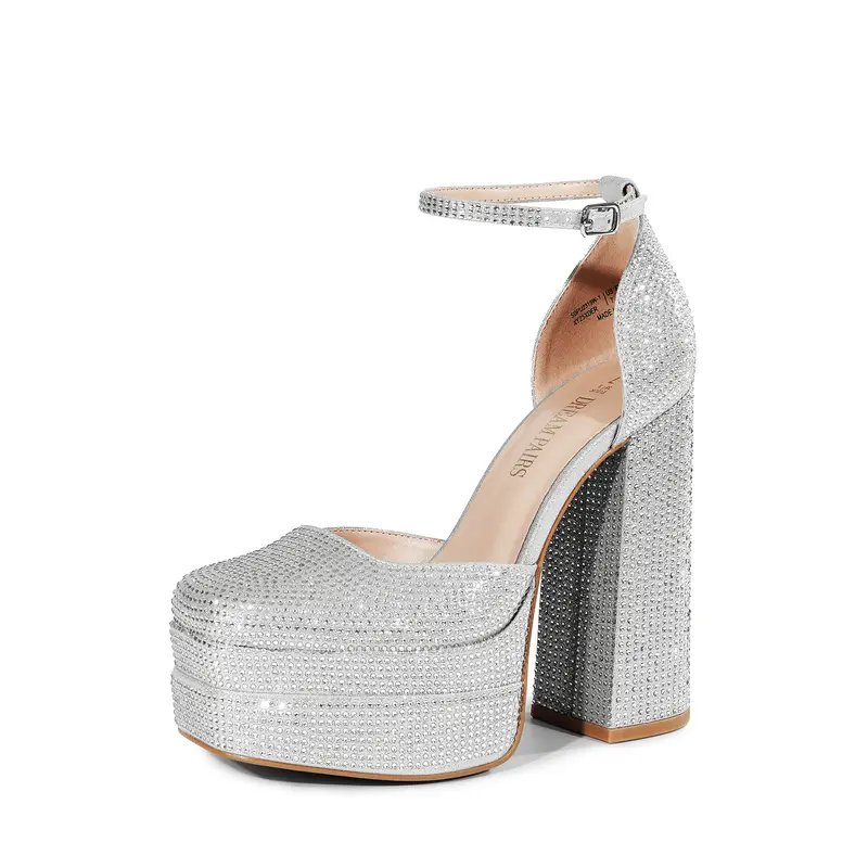 DREAM PAIRS Women's Heeled Platform Shoes - 5.5 in Chunky Stacked Heel, Square-Toe Ankle Strap, Silver-Rhinestone Rubber-Soled Party Footwear for Multiple Seasons