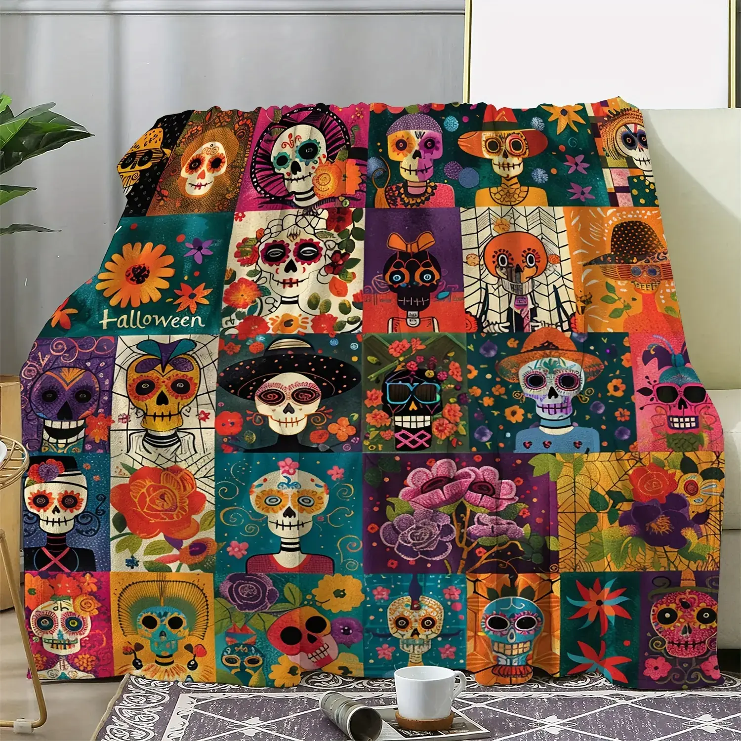 Vintage Flannel Blanket - Day of the Dead Sugar Skull and Floral Print - Soft and Comfortable All Season Sofas, Beds, Office, Camping and Travel Blankets - Digital Printed Polyester Weaving Craft, 250-300g - Halloween Themed Decorative Blanket