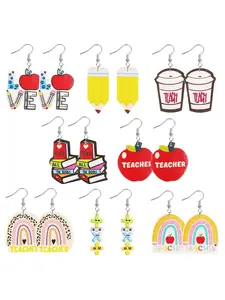 Cute Book Ruler Pencil Ear Ring Set for Women, Back-To-School Teacher's Day Gift, PU Leather Earrings, 8 Pairs