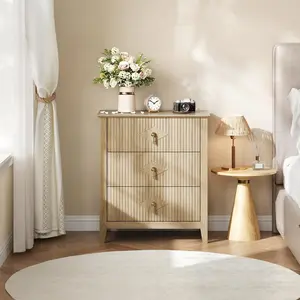 Wood Nightstand Fluted Dresser for Bedroom, 27.5" Wide 3-Drawer Bedside Tables, Modern Chest of Drawers, Storage End Table Living Room, Hallway, Entryway, Natural Oak