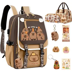 Waterproof Capybara Backpack,Large-capacity Kawaii capybara bag with 14-Piece Accessories (Lunch bag, pencil case, gel pen, Stickers and others)