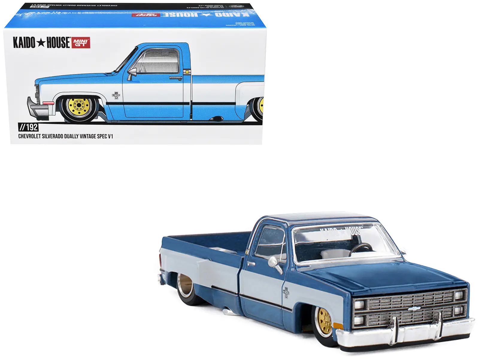 Chevrolet Silverado Dually Truck "Vintage Spec V1" Light Blue Met w/White Sides and Interior 1/64 Diecast Model Car by Mini GT