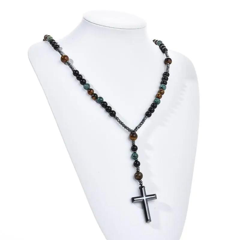 African pine tiger's eye vintage natural stone cross pendant necklace unisex suitable for everyday wear or as a party accessory
