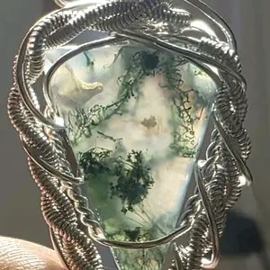 Moss Agate Hand Wire Wrapped Pendant with 18" Black Cord.  Elegant and dainty suitable for any occasion.