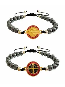 2pcs San Benito Bracelets, Adjustable Hematite Bracelet for Women & Men, Saint Benedict Medal Pendant, Catholic Charms, Handmade, Valentine Day Gift, Beaded Bracelet, Religious Jewelry Gift, Bracelet With Pendant