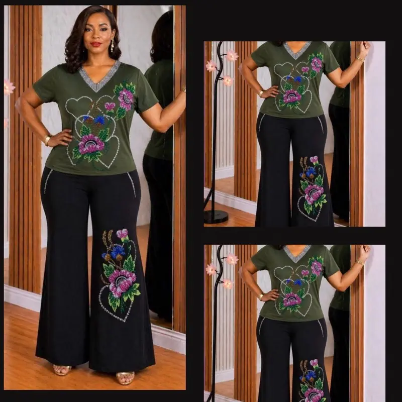 Unique Comfy Summer 2 Piece Sets for Women - Turkey Casual Outfits with Floral Embroidery - Womenswear  Shortsleeve Vneck Outfits