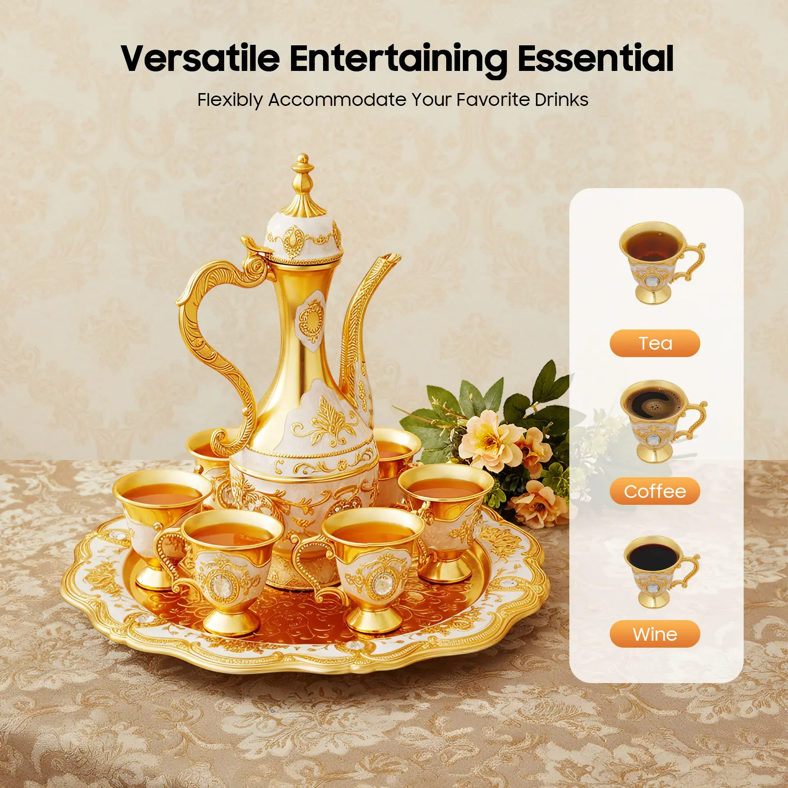 Classic Turkish Tea Set for Kitchen - Golden/White/Silver Zinc Alloy Embossed Carving, 1 Teapot (8.45Oz), 6 Teacups, 1 Serving Tray, Ideal for Home Tea Ceremony Gifting