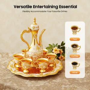 Golden White/Silver Turkish Tea Set 1 Teapot 6 Cups 1 Tray Zinc Alloy Embossed Carving 8.45Oz Pot for Home Restaurant Hotel Tea Ceremony Gift