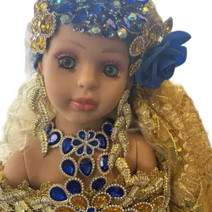 Gypsy Doll 2 Aguas 36 Spiritual Doll with Blue Rhinestone Headdress and Gold Sequin Dress