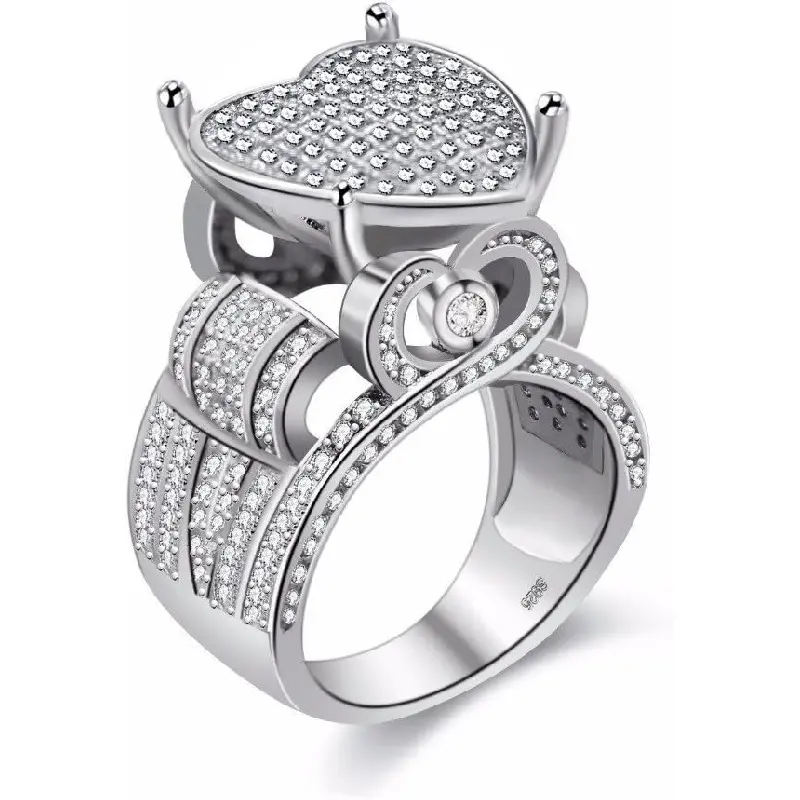 Women's Statement Love Heart CZ Ring - AAA Grade Platinum-Plated Brass Wide Band with Pave Cubic Zirconia Cluster, White Gold Finish, for Engagement, Mother's Day, Anniversary