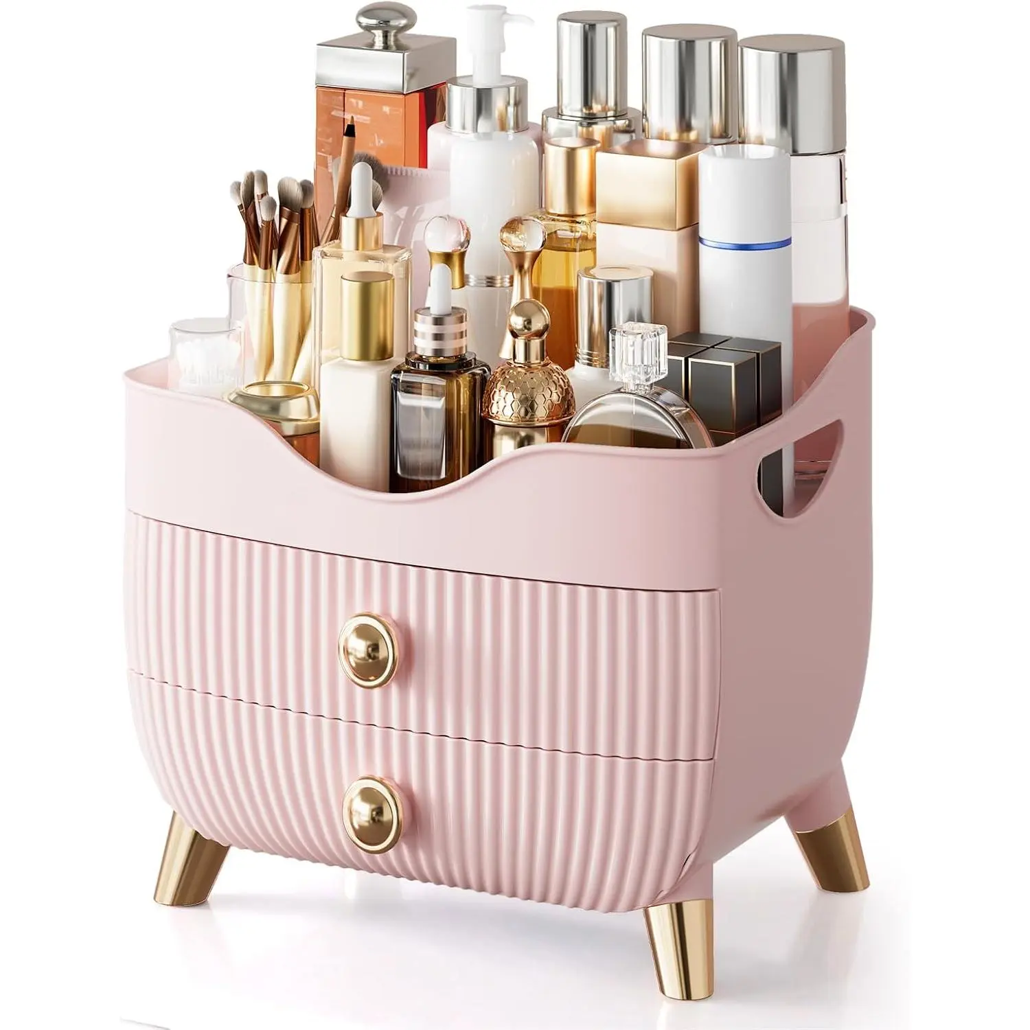 Pink Rectangular Vanity Storage Makeup Organizer Countertop - 1-Piece, Large-Capacity Beauty Organization Unit with 2 Drawers for Bedroom, Bathroom, Ideal Gift for Women