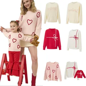 Mommy and Me Matching Sweaters Heart/Letter Pattern Long Sleeve Round Neck Knit Pullover