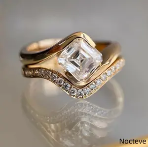 Women’s Luxe Square Simulated CZ Two-Piece Couple Gold-Tone Base Alloy Ring Set, Elegant Daily Stack Dating Jewelry Valentine & Chic Gentle Feminine Holiday Gift Wear