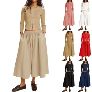 FMEYOA Womens 2 Piece Skirt Sets 3/4 Sleeve Knit Tops Elastic Waist Midi Skirt Outfits Casual Matching Dress Set