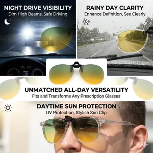 Night Driving Glasses Clip-on for Eyeglasses, Anti-Glare HD Night Vision polarized Lenses, 180° Flip Up Day/Night Dual Use Sunglasses Clip, Yellow Lens Reduces High Beam Glare for Safe Driving, Safe & Scratch-Resistant Silica Gel Sleeve