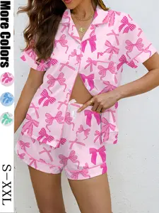 Women's Bow Print Pajama Set, Casual Summer Sleepwear, Soft Shirt Collar Top & Elastic Shorts, Comfortable Home Wear, Soft Lounge Sets