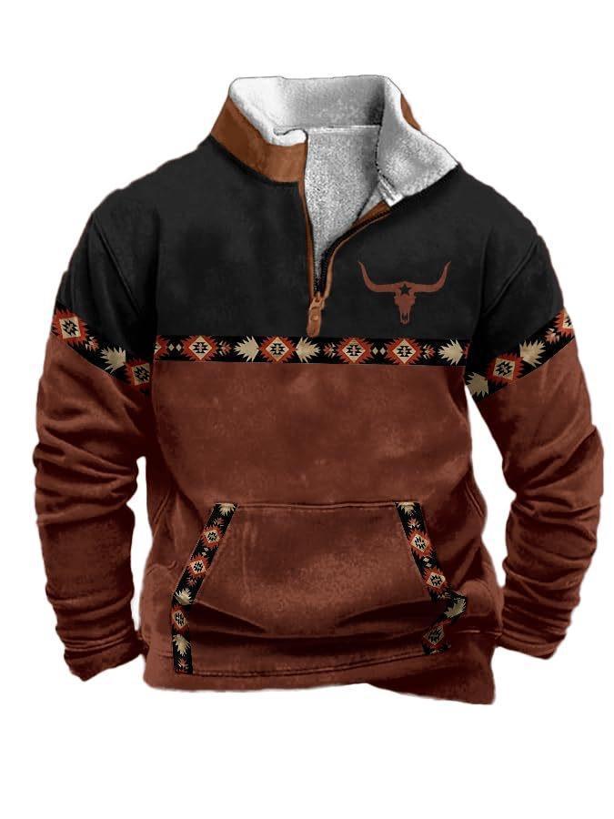 Men's Hoodie Vintage Bull Bones Pullover Long Sleeve Stand Collar Zipper Casual Zipper Sweatshirt