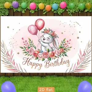 2D Flat Banner 1pc, Banners Party Banner Polyester Backdrop Happy Birthday Pink Rabbit Floral Wreath Balloon Berry Event Decorationhome Garden Farm Room Courtyard Club Graduation Photography Live Streaming Wedding Gift