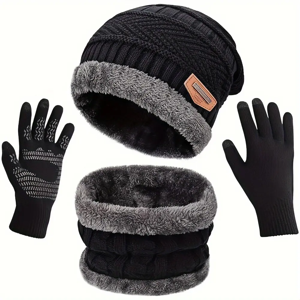 3PCS Winter Knitted Accessories Set - Unisex Lined Skull Beanie Scarf & Touch Screen Gloves Gift