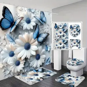 stylish and luxurious blue shower curtain set features a butterfly and floral pattern, with a non-slip mat, U-shaped rug, and toilet seat cover, Bathroom Shower Equipment. for bathroom décor and enhancing the space, with 12 shower curtain hooks.