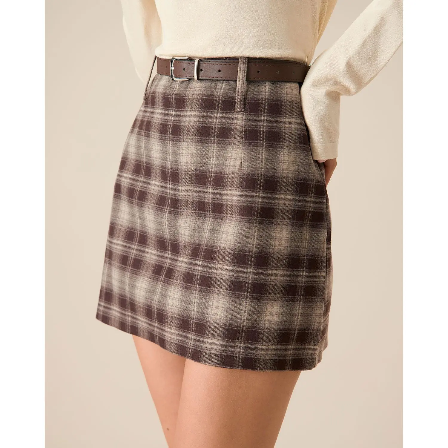 RIHOAS Women's Brown Plaid Fitted Straight Mini Skirt - Breathable Poly-Viscose-Spandex Blend, Zipper Closure - Casual Women's Bottoms, Clothing, Skirts