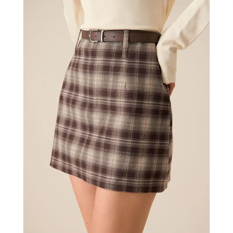 RIHOAS Women's Brown Checkered Print Fitted Straight Mini Skirt - Breathable Poly-Viscose-Rayon-Spandex Blend, Zipper Closure, Chic, Cute - Easy-Style Bottoms for Casual Days, Coffee Runs