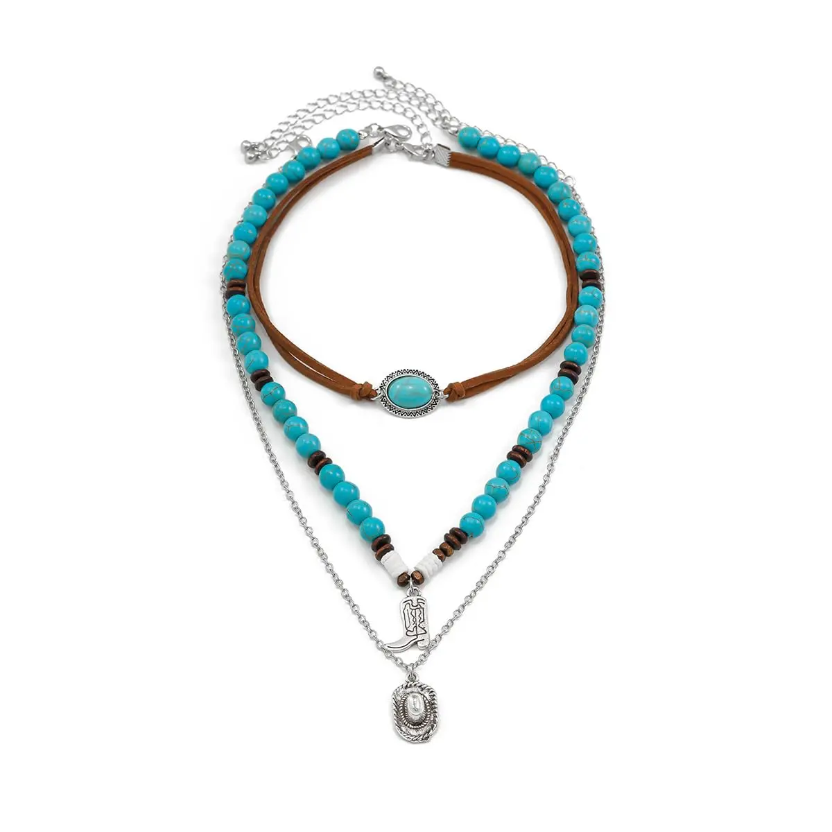 Western Turquoise Layered Chain Necklaces Brown Suede Choker Necklace Set Boho Gifts For Women Cowgirls
