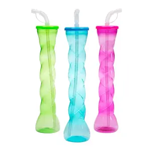 4" x 12" 16 oz. Swirl Tube Reusable Plastic Yard Glasses with Straws - 12 Pc.